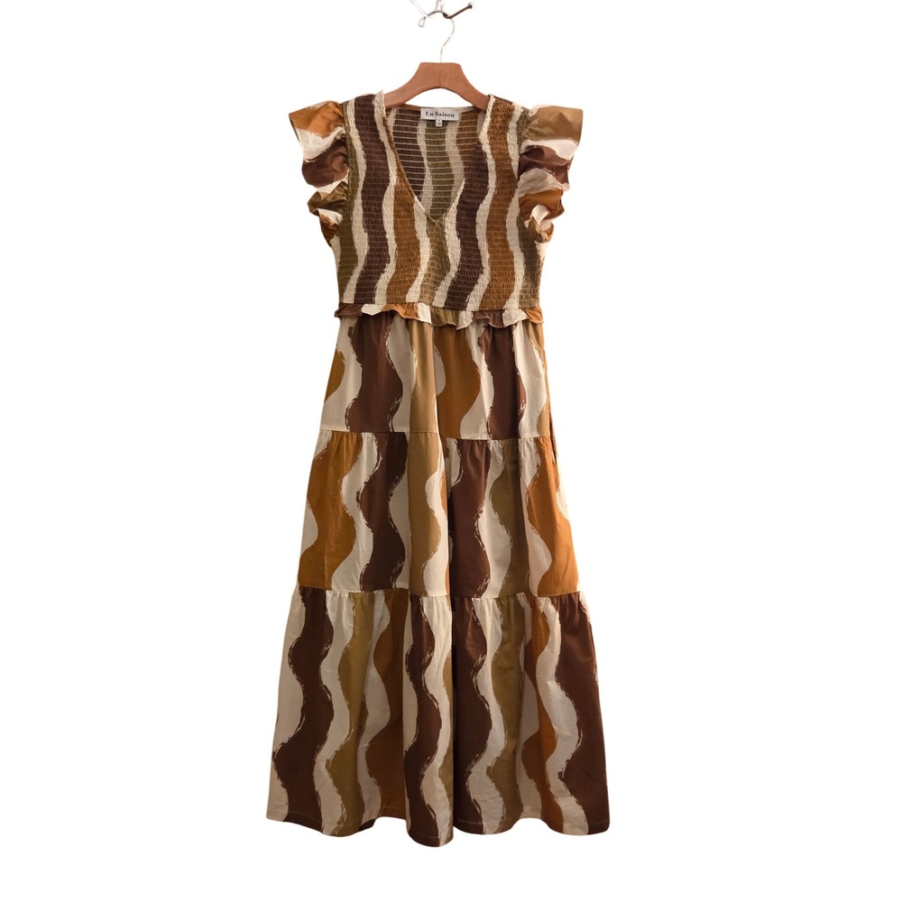 En Saison Anthropologie Brown Abstract Wave Print Smocked Tiered Maxi Dress Sz S